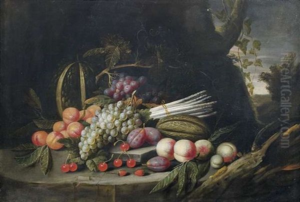 Obst- Und Gemusestilleben Vor Landschaftshintergrund Oil Painting by Theodorus Smits