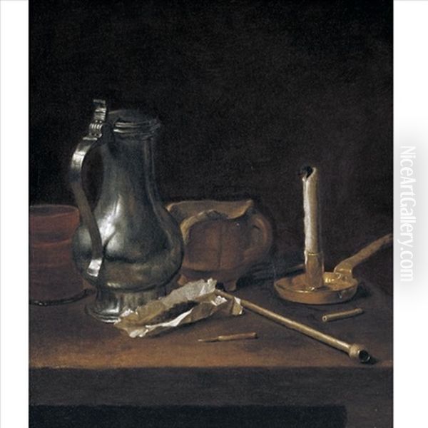 Toebackje Still Life With Pewter Jug, Tobacco, Pipe And Candle Oil Painting by Theodorus Smits