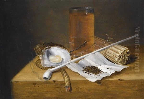 A Toebackje Still Life With A Pipe, Two Oysters, A Glass Of Beer, Tobacco, Sulphur Sticks And Burning Taper, All On A Wooden Ledge Oil Painting by Theodorus Smits
