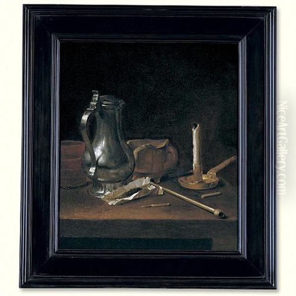 Toebackje Still Life With Pewter Jug, Tobacco, Pipe And Candle Oil Painting by Theodorus Smits