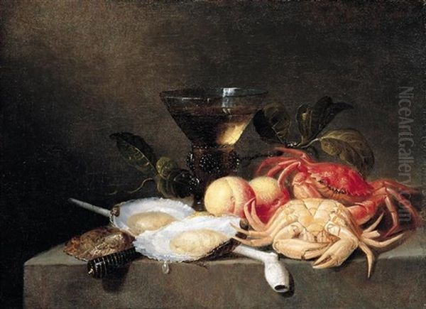 A Still Life Of Crabs, Oysters, Apricots, A Roemer, And A Pipe, All Upon A Stone Ledge Oil Painting by Theodorus Smits