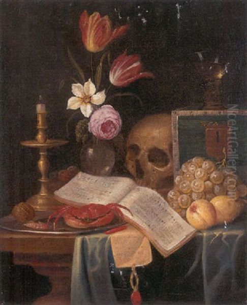 A Vanitas Still Life Of A Candle, A Vase Of Flowers, A Skull, A Roemer, A Crab, A Shrimp, And A Hazelnut On A Platter, With A Book, A Letter And Fruits On A Table Oil Painting by Gaspar (Smits, Smith) Smitz