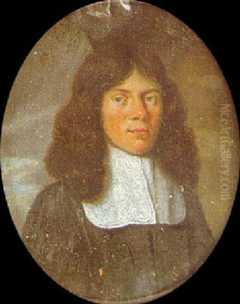 A Gentleman With Long Brown Hair, Wearing Black Robes And Lace Lawn Collar Oil Painting by Gaspar (Smits, Smith) Smitz