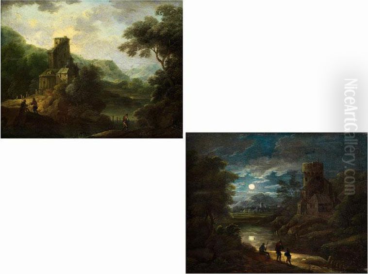 Hugelige Landschaft Mit Burgturm Oil Painting by Christian Hilfgott Brand