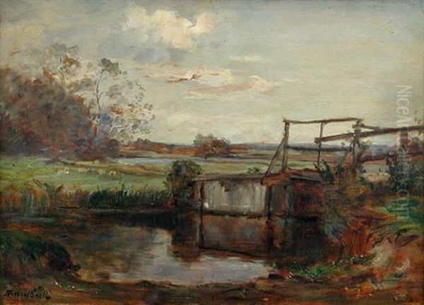 Lock Gates (+ River Scene; Pair) Oil Painting by James Herbert Snell