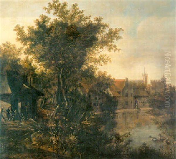 A Wooded River Landscape On The Edge Of A Town Oil Painting by Cornelis Snellinck