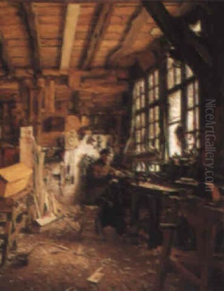 A Carpenter At Work Oil Painting by Jozef van Snick