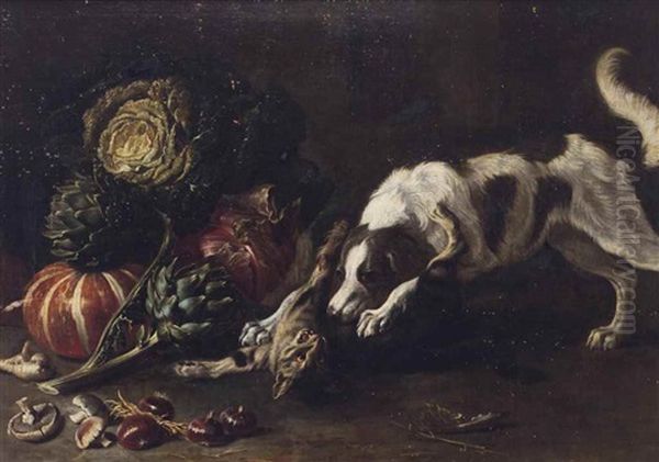 A Dog And A Cat Fighting Near Artichokes, Cabbage And Other Vegetables Oil Painting by Frans Snijders