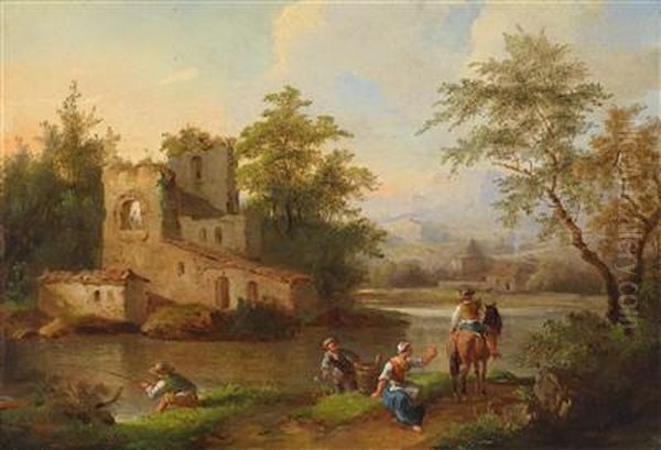Flusslandschaft Mit Ruinen Undfigurlicher Staffage Oil Painting by Johann Christian Brand