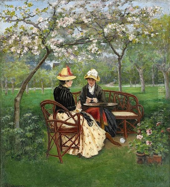 Pratstund Under Blommande Frukttrad Oil Painting by Johanna Sophia Soedergren