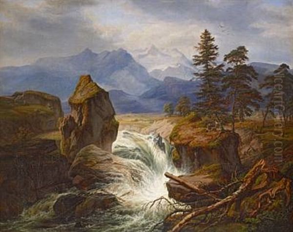 Scenery With Waterfall Oil Painting by Frederik Hansen Sodring