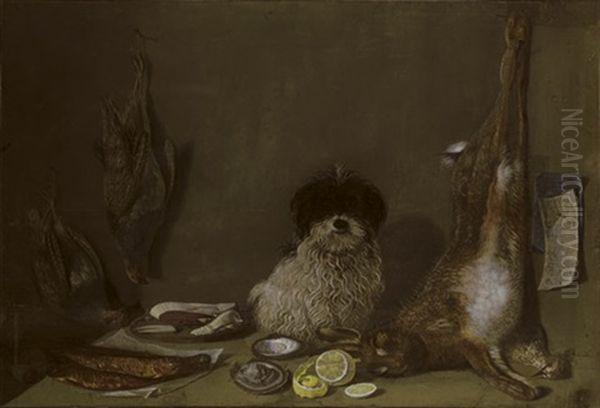Still Life With A Dog, A Hare, Partridges, Oysters, A Pipe And A Lemon Oil Painting by Nicolai Peters Herm. Sohn