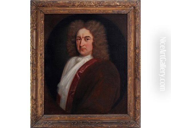 Portrait Of A Gentleman, Wearing A Red Velvet Jacket With A White Shirt And Cravat (+ Portrait Of A Lady, Standing Wearing A Damask Colored Silk Robe
And Decollete Undergarment; 2 Works) Oil Painting by Andrea Soldi