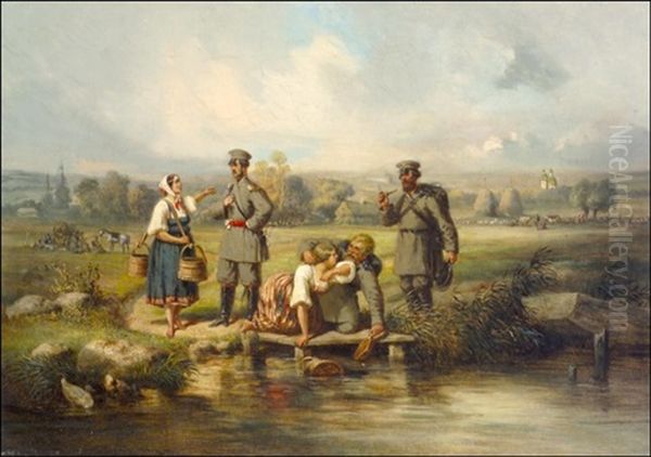 Vedenhakijat Ja Sotilaat Oil Painting by Leonid Ivanovich Solomatkin