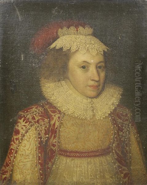 Portrait Of A Lady, Bust-length, In A Red, White And Gold Embroidered Dress, With A Lace Cap And Red Feather Oil Painting by Paul Ii Van Somer