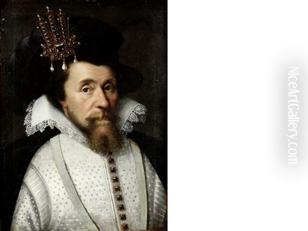 Portrait Of James I, Bust-length, In White Costume With A Black Plumed Hat Oil Painting by Paul Ii Van Somer