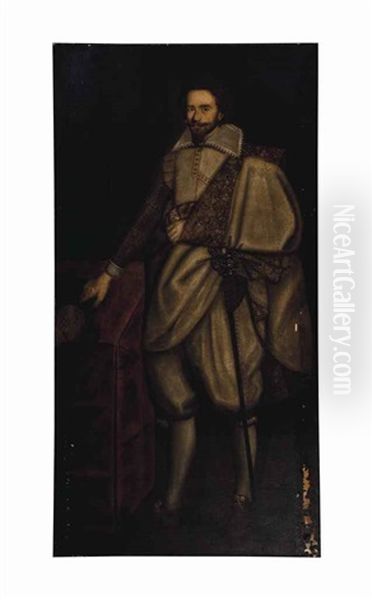 Portrait Of A Gentleman, Full-length, In A White Doublet And Gold Embroidered Cloak, Holding A Hat By A Table Oil Painting by Paul Ii Van Somer