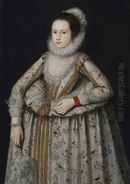 Portrait Of A Lady, Three-quarter-length, In A Lace-trimmed And Gold-embroidered Floral White Dress, With Lace Cuffs, A White Ruff Oil Painting by Paul Ii Van Somer