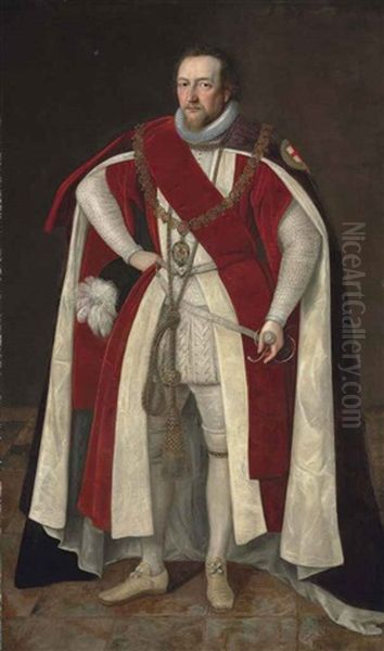 Portrait Of Henry Brooke, 11th Baron Cobham (1564-1618/9), Full-length, In Garter Robes, Wearing The Chain Of The Order Of The Garter Oil Painting by Paul Ii Van Somer