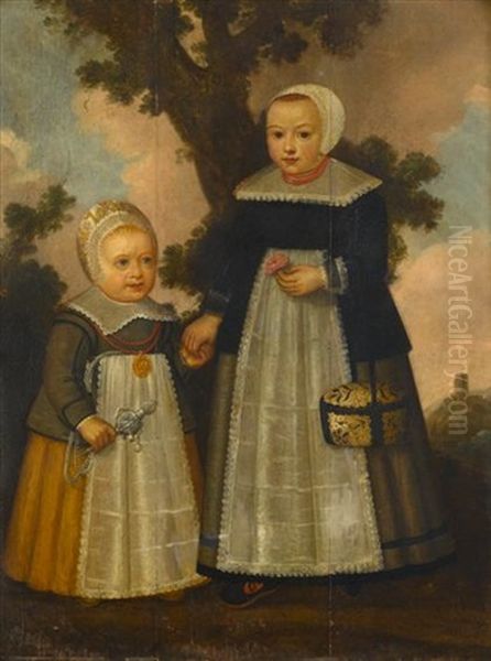 Double Portrait Of Children In A Landscape Oil Painting by Paul Ii Van Somer
