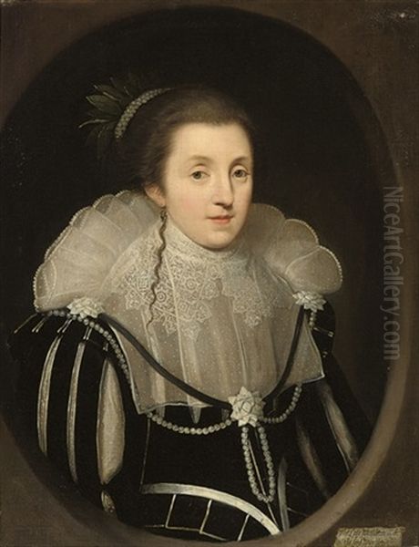 Portrait Of Diana Drury, Viscountess Wimbledon (?-1631), Half-length, In A Black Dress With Slashed Sleeves, Pearls And Ribbons, In A Feigned Oval Oil Painting by Paul Ii Van Somer