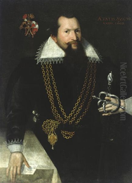 Portrait Of A Gentleman In A Black Doublet With A Medallion On A Gold Chain Oil Painting by Paul Ii Van Somer