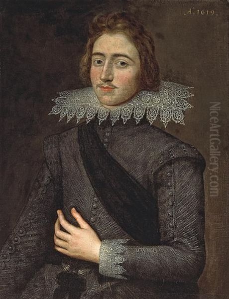 A Portrait Of A Gentleman, Wearing A Black Doublet And A Lace Collar Oil Painting by Paul Ii Van Somer