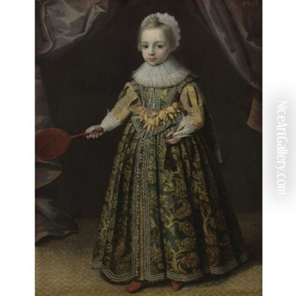 Portrait Of A Little Girl Holding A Battledore And Shuttlecock Oil Painting by Paul Ii Van Somer