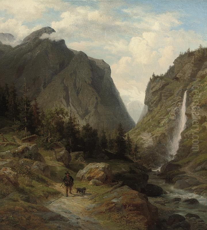 A Huntsman By An Alpine Torrent Oil Painting by Wilhelm Brandenburg