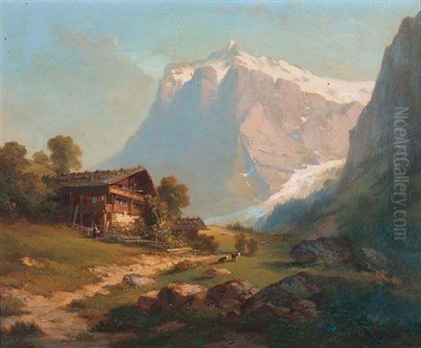 Ansicht Eines Bauernhauses Bei Grindelwald Mit Wetterhorn Oil Painting by Ferdinand Sommer