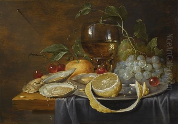 Still Life Of Oysters, Cherries, Grapes, Citrus Fruits And A Glass Roemer On A Partially Draped Wooden Table Oil Painting by Joris Van Son