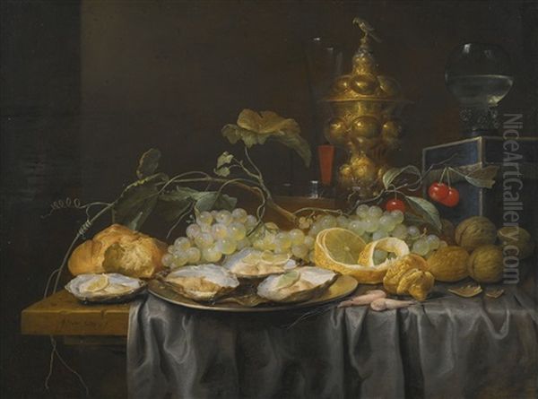 A 'pronk' Still Life Of Grapes, Cherries, Walnuts And A Peeled Lemon, With Oysters On A Pewter Plate, And A Glass Roemer, Wine Glass And Gilt Goblet, All On A Draped Table Oil Painting by Joris Van Son