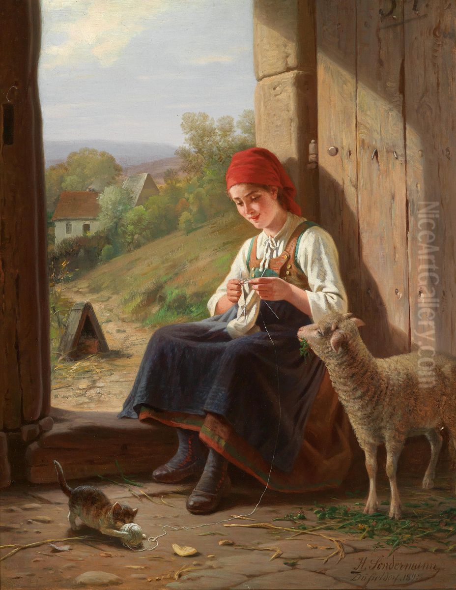Strickendes Madchen Mit Katzchen Oil Painting by Hermann Sondermann
