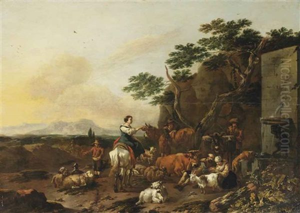 An Italianate Landscape With Shepherds And Their Stock Resting Near A Fountain Oil Painting by Jan Frans Soolmaker