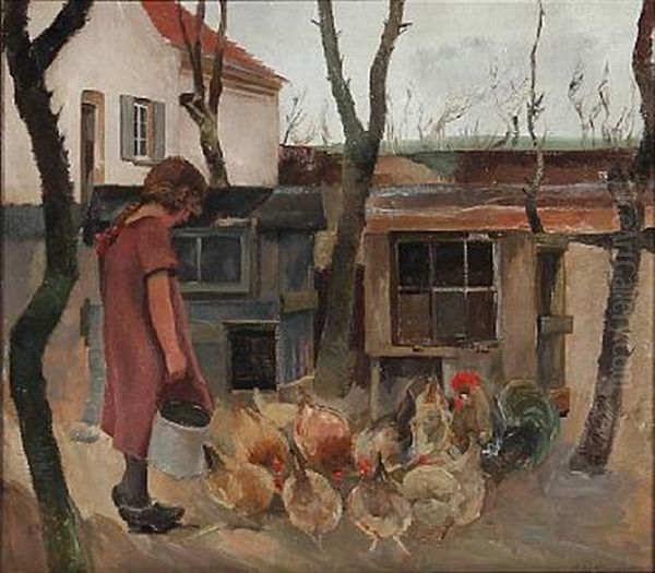 A Girl Feeding Chickens Oil Painting by Eiler (Carl) Sorensen