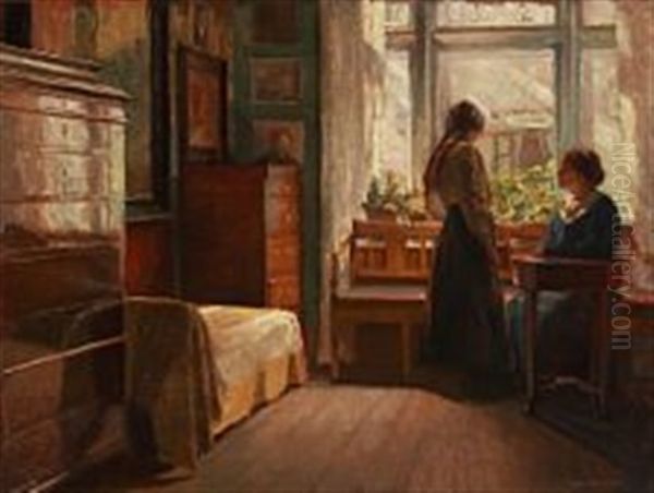 Interior With A Mother And Daughter At A Window Oil Painting by Eiler (Carl) Sorensen