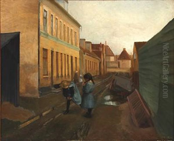 Street Scene With Children Playing Oil Painting by Eiler (Carl) Sorensen