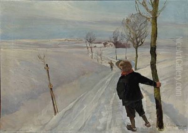 Winter Landscape With Two Friends Meeting On The Country Road Oil Painting by Eiler (Carl) Sorensen