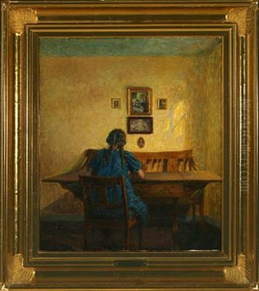 Interior With A Girl Seated At A Table Oil Painting by Eiler (Carl) Sorensen