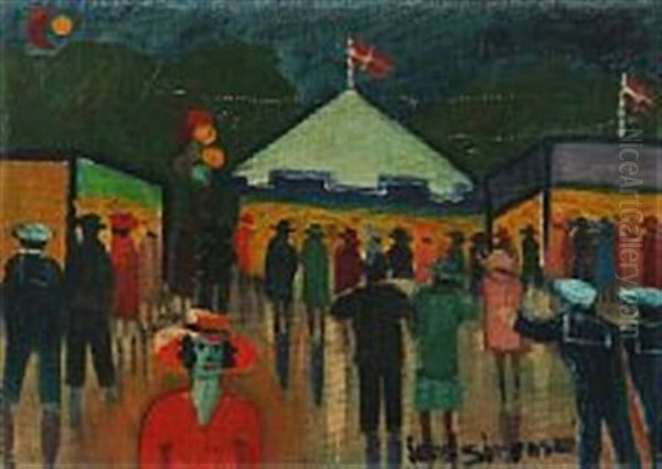 Evening Scenery From Bakken With Sailors And People Oil Painting by Jens Sorensen