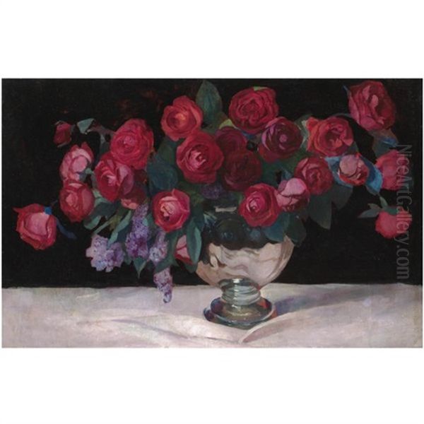 Still Life Of Roses And Lilac Oil Painting by Savely Abramovich Sorine