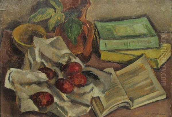 Still Life With Books And Red Eggs Oil Painting by Tache Soroceanu