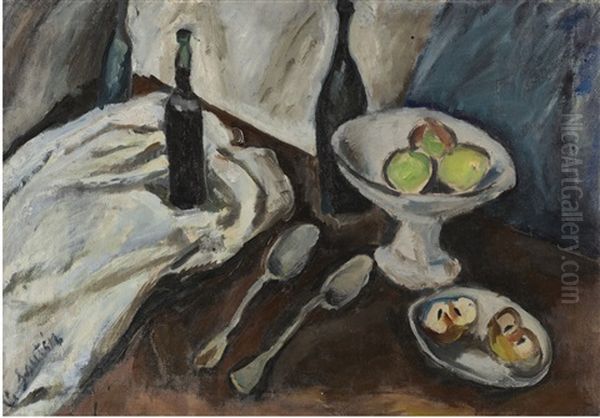 Nature Morte A La Coupe De Fruits Et Aux Trois Bouteilles Oil Painting by Chaim Soutine