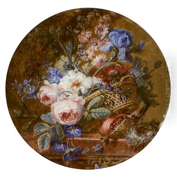 Une Corbeille De Fleurs Sur Un Entablement Pres D'un Nid Et D'une Grenade Eclatee Oil Painting by Gerard Van Spaendonck