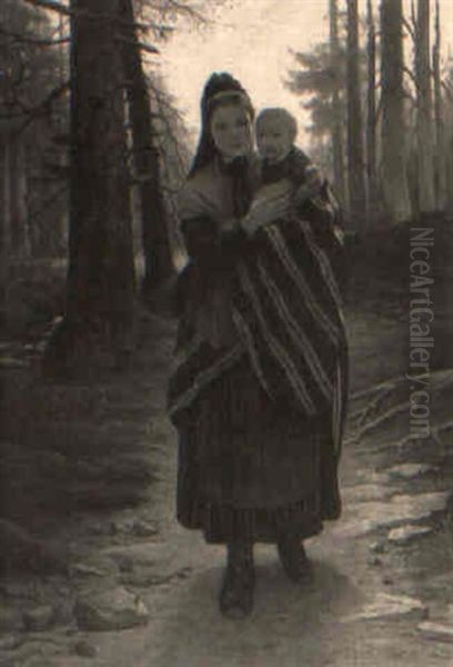 Mother And Child On A Wooded Path Oil Painting by Gustav Adolph Spangenberg