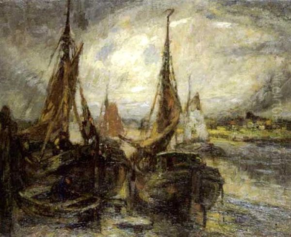 Gemeerde Boten Langs De Schelde Oil Painting by Leo Spanoghe