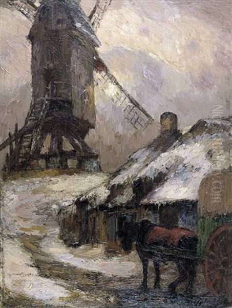 De Molen Van Baasrode Onder De Sneeuw Oil Painting by Leo Spanoghe