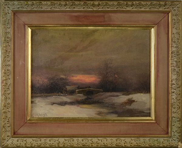 Winter Landscape During Sunset Oil Painting by Bela Von Spanyi