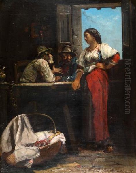 Woman And Two Men At The Tavern Oil Painting by Edouard Brandon