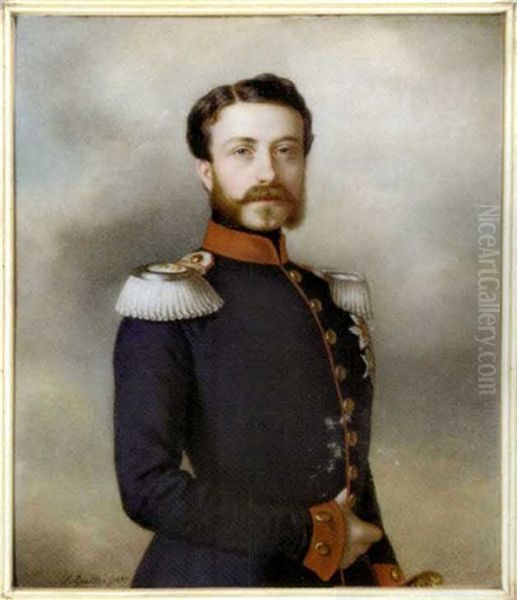 Frederick I, Grand Duke Of Baden, Holding The Hilt Of His Sword In His Left Hand, In Dark Blue Coat With Red Collar And Cuffs And Gold Buttons, Silver Epaulettes ... Oil Painting by Jacob Spelter